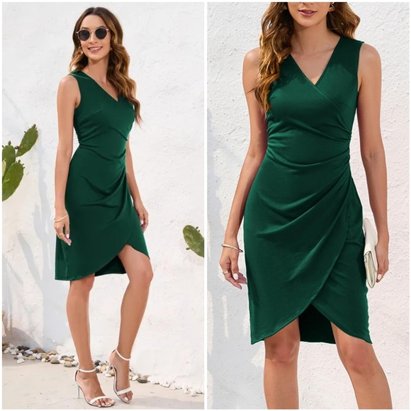 NWT Tehoao Green V Ruched Sleeveless Wrap Cocktail Bodycon Mini Midi Dress L - Picture 3 of 15